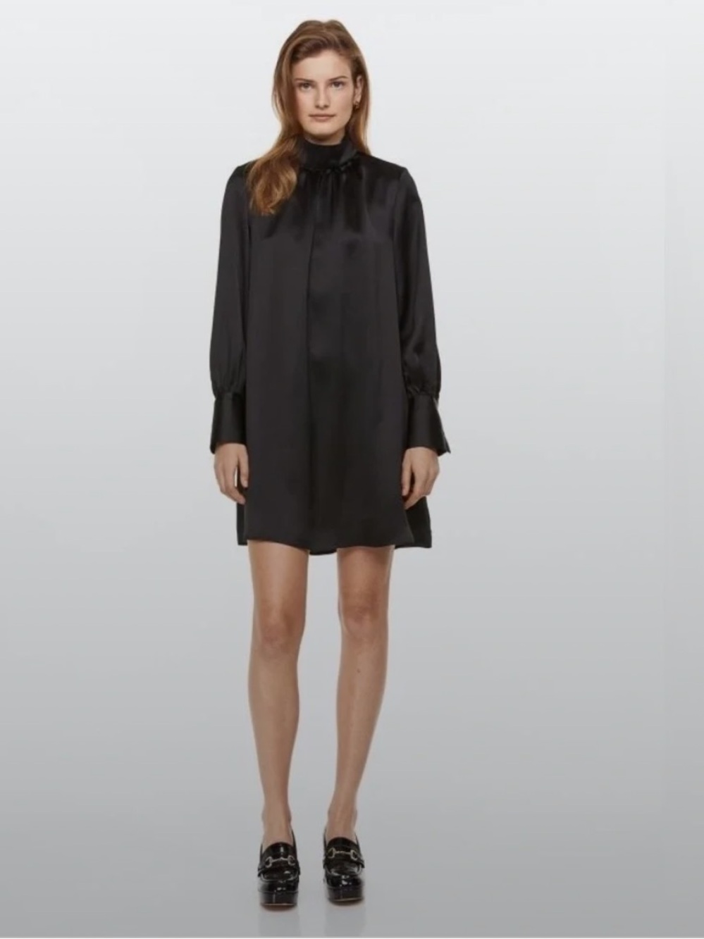 H&M Black Satin High-Neck Long-Sleeve Shift Dress
